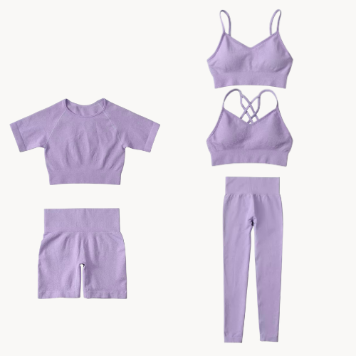 Ensemble de sport femme 5 pièces – Brassières, t-shirt, short et legging – 6 coloris – Personnalisable avec logo – Yoga, fitness, pilate – Respirant & extensible
