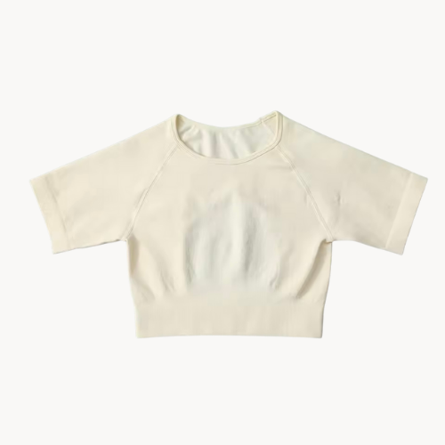 T-shirt de sport femme court – Manches courtes – Taille haute – 6 coloris – Personnalisable avec logo – Yoga, pilates, running – Respirant & extensible