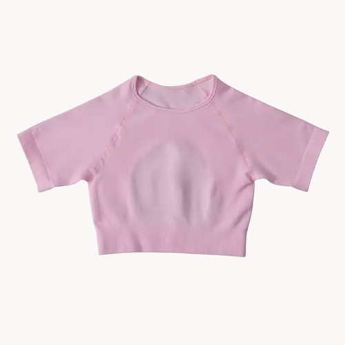 T-shirt de sport femme court – Manches courtes – Taille haute – 6 coloris – Personnalisable avec logo – Yoga, pilates, running – Respirant & extensible