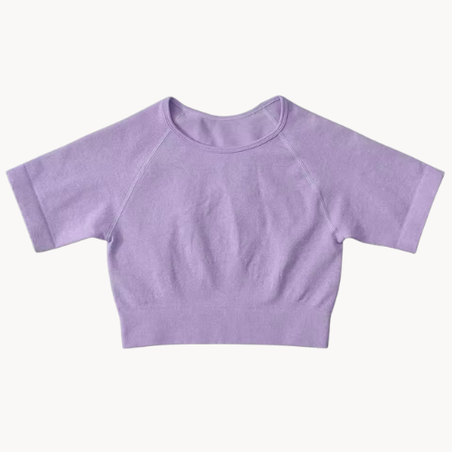T-shirt de sport femme court – Manches courtes – Taille haute – 6 coloris – Personnalisable avec logo – Yoga, pilates, running – Respirant & extensible